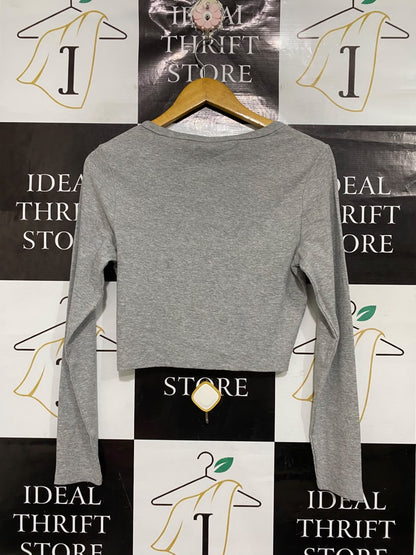 ANKO  |M | BUST 17| A70 | GREY RIBBED SCOOP-NECK CROP LONG-SLEEVE TOP