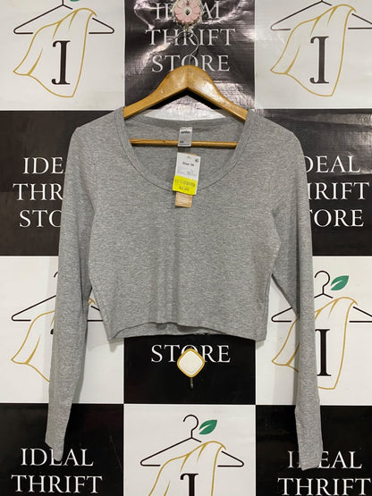 ANKO  |M | BUST 17| A70 | GREY RIBBED SCOOP-NECK CROP LONG-SLEEVE TOP