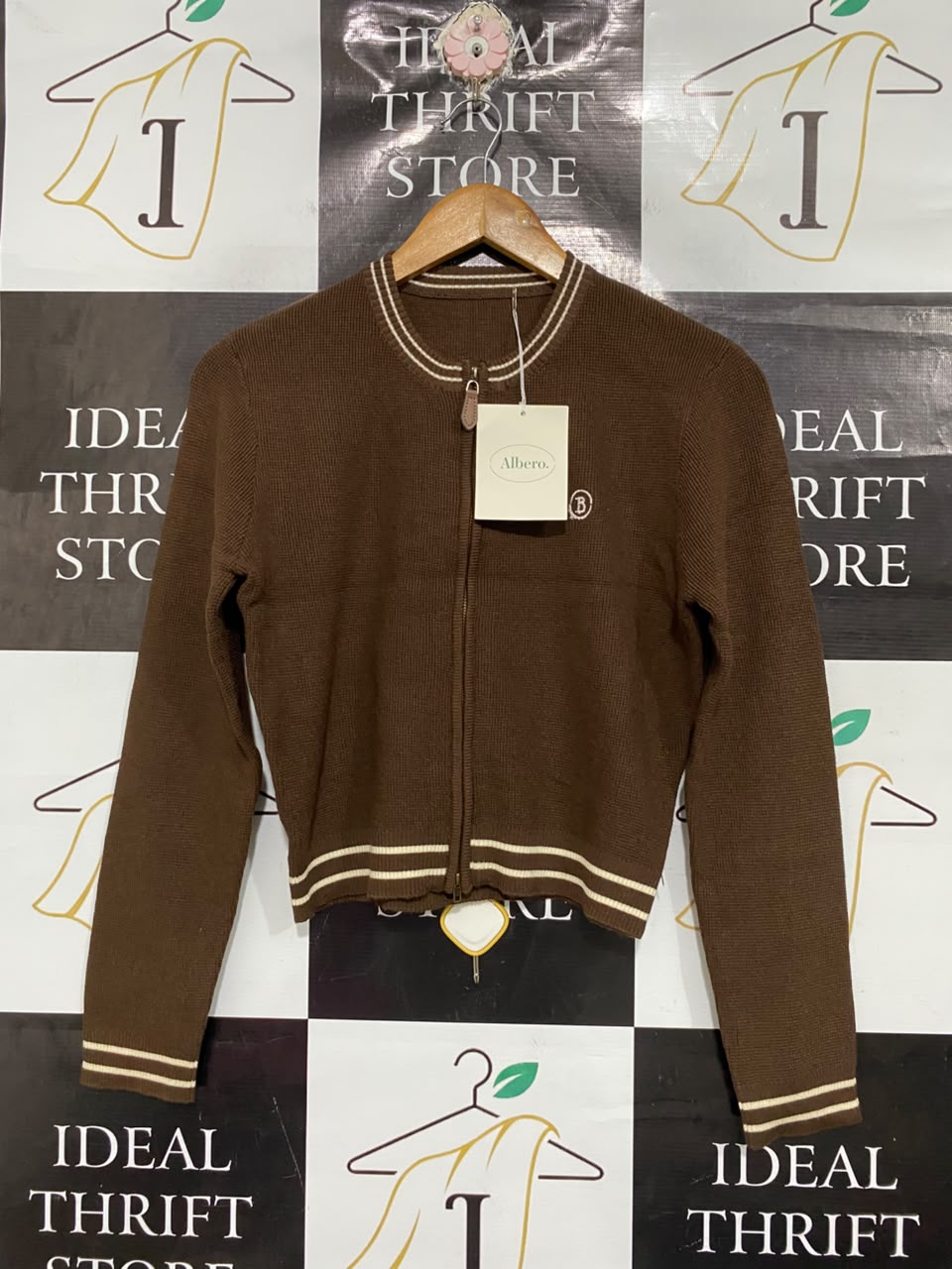 ALBERO |M | BUST 18 | A70 |  BROWN STRIPED KNIT ZIP-UP CARDIGAN