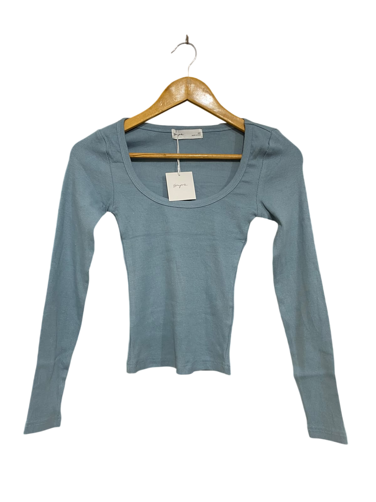 SUPRE |XS| BUST 11 | A71 | DUSTY BLUE SCOOP-NECK RIBBED LONG-SLEEVE TOP