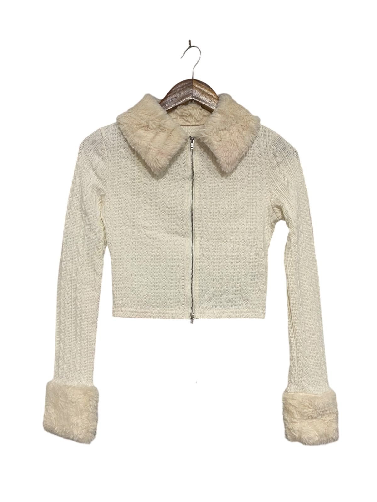 SHEIN |S | BUST 14  | A71 |  WHITE FAUX FUR TRIM ZIP-UP KNIT CROP JACKET