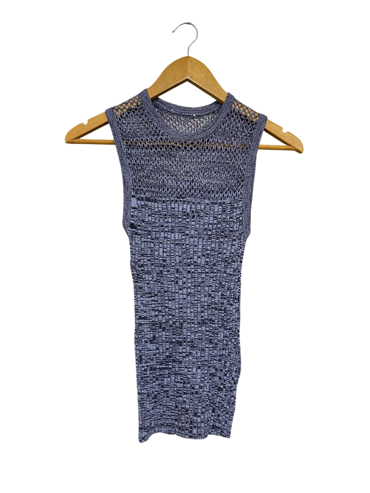|XS | BUST 11 | A71 |  BLUE MELANGE OPEN-KNIT MESH YOKE SLEEVELESS TOP