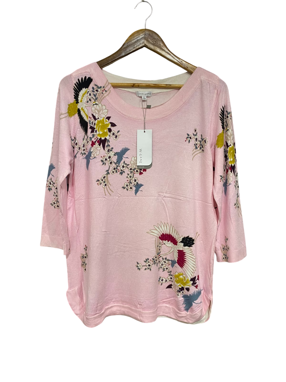W.LANE | M| BUST 19 | A71 |  PINK FLORAL & BIRD EMBROIDERED LONG-SLEEVE KNIT TOP