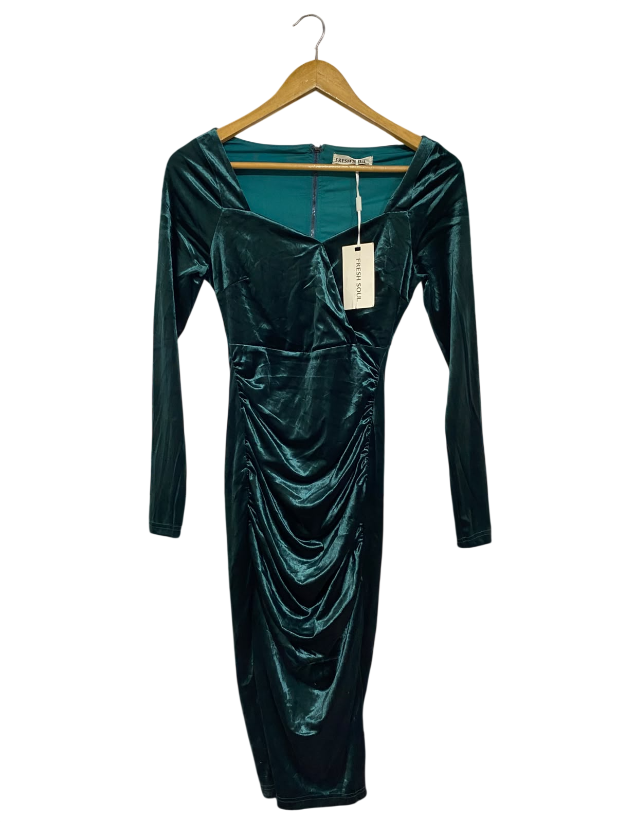 FRESH SOUL |S| BUST 14 | A71 |   EMERALD GREEN VELVET RUCHED LONG-SLEEVE DRESS