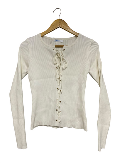 VALLEYGIRL |M | BUST 14 | A71 |   OFF-WHITE LACE-UP FRONT RIBBED LONG-SLEEVE TOP