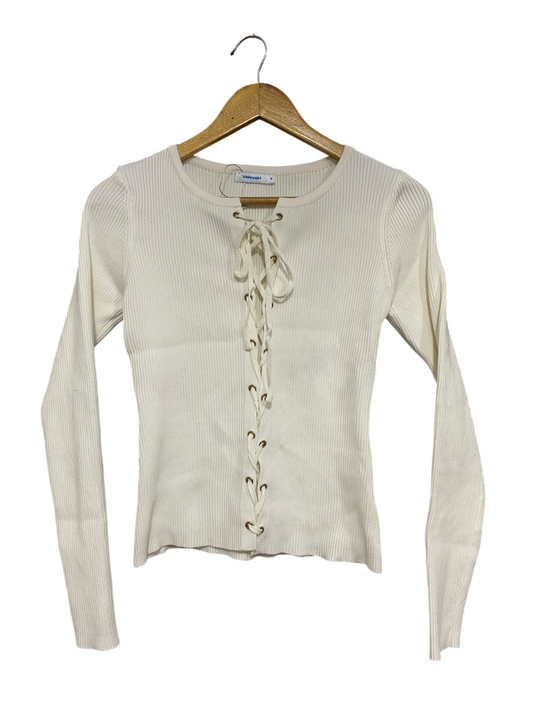 VALLEYGIRL |M | BUST 14 | A71 |   OFF-WHITE LACE-UP FRONT RIBBED LONG-SLEEVE TOP