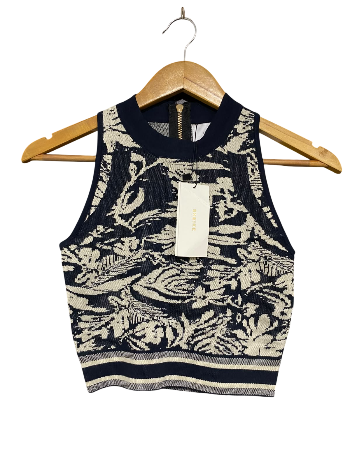 SHEIKE |S| BUST 13 | A71 |  NAVY & CREAM FLORAL JACQUARD KNIT CROP TOP