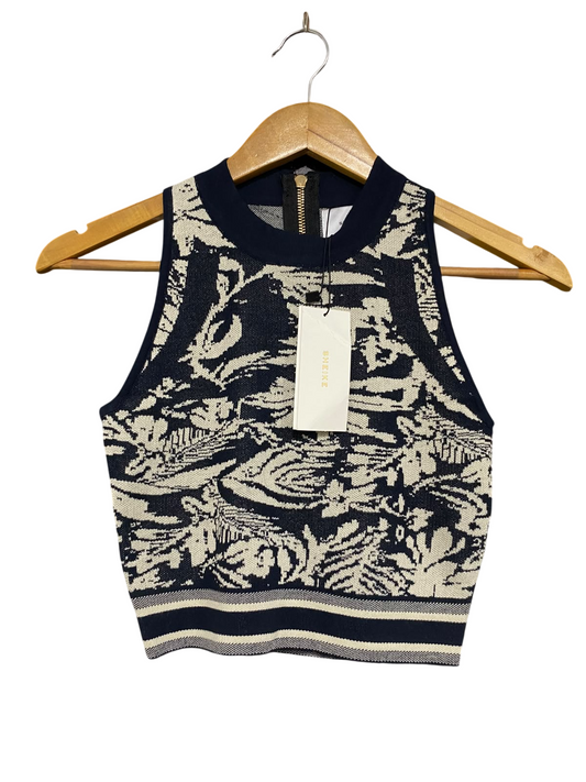 SHEIKE |S| BUST 13 | A71 |  NAVY & CREAM FLORAL JACQUARD KNIT CROP TOP