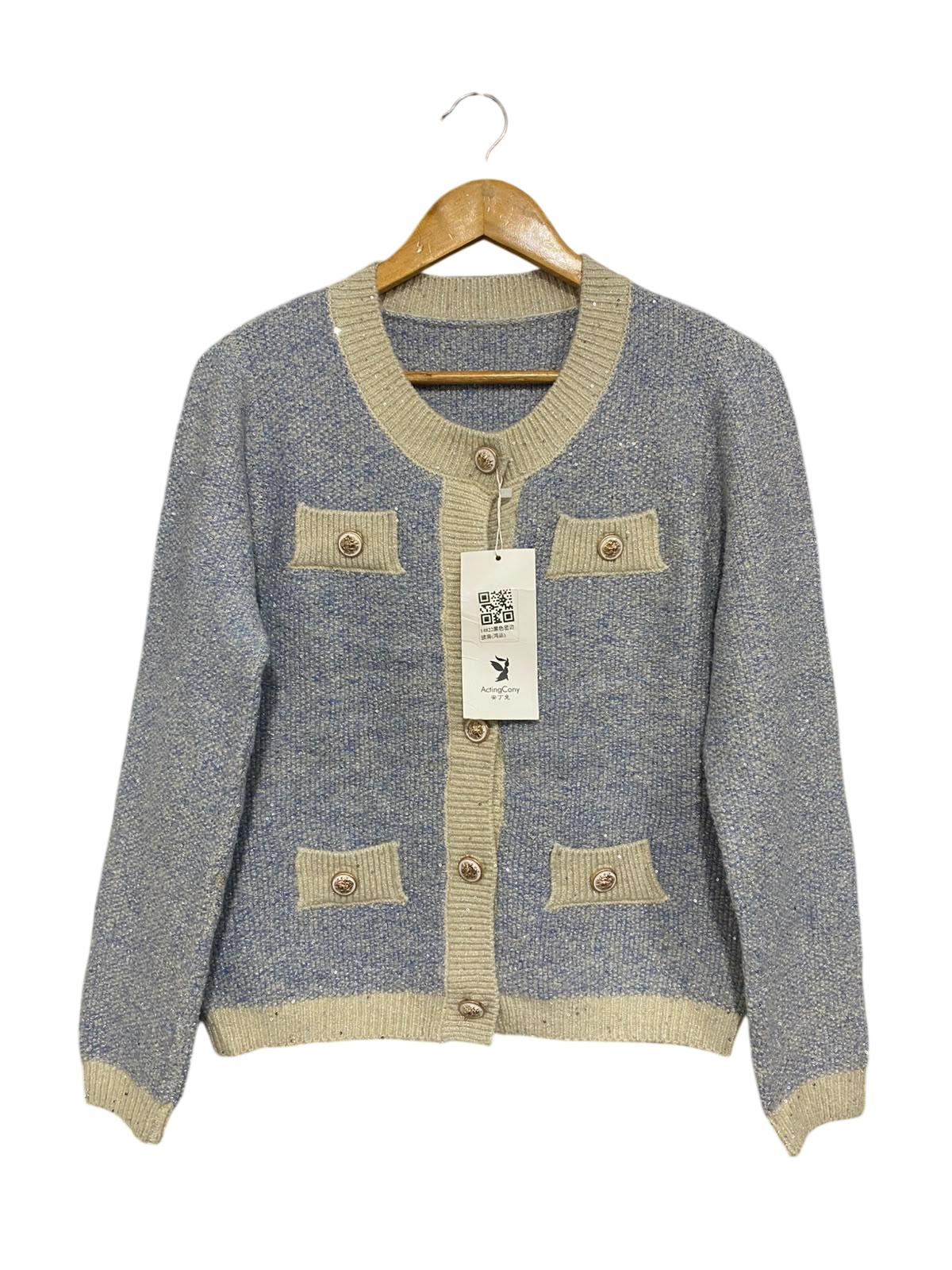 ACTING CONY |M | BUST 20 |A71 |  BLUE & BEIGE SEQUIN TWEED-STYLE KNIT CARDIGAN