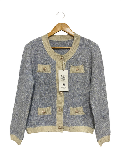 ACTING CONY |M | BUST 20 |A71 |  BLUE & BEIGE SEQUIN TWEED-STYLE KNIT CARDIGAN