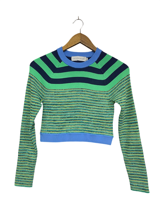AJE ATHLETICA  |S | BUST 14 |A72|  BLUE & GREEN STRIPED RIBBED KNIT SWEATER