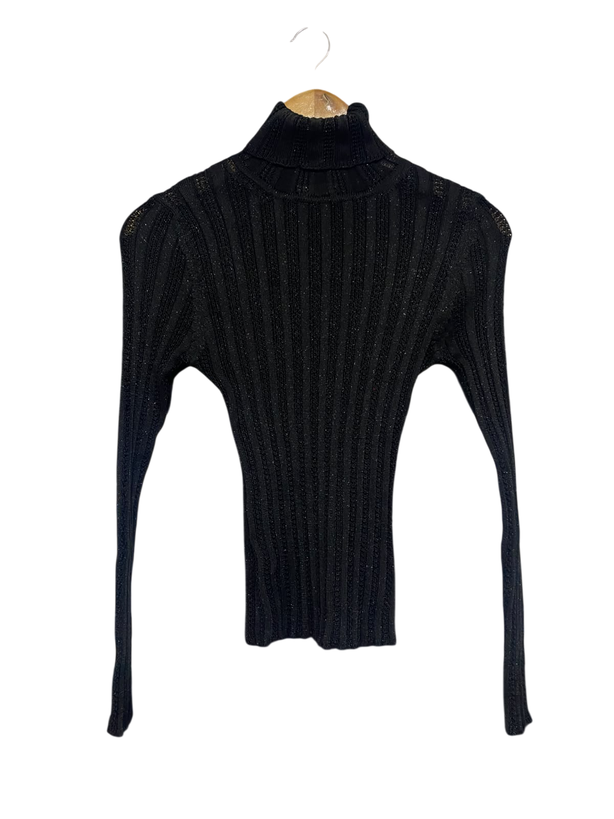 GOODLOOK |XS | BUST 12 |A72|   BLACK SHIMMER RIBBED TURTLENECK TOP