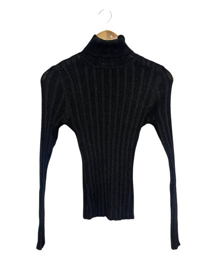 GOODLOOK |XS | BUST 12 |A72|   BLACK SHIMMER RIBBED TURTLENECK TOP