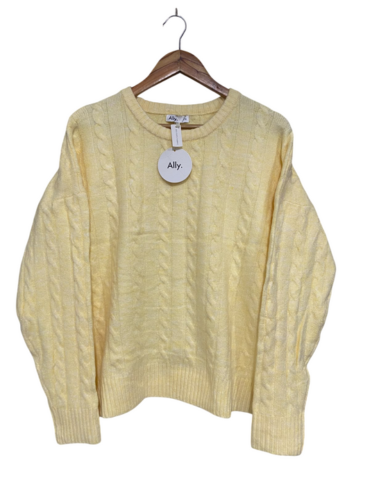 ALLY |S | BUST 24  |A72|   PASTEL YELLOW CABLE KNIT CREWNECK SWEATER