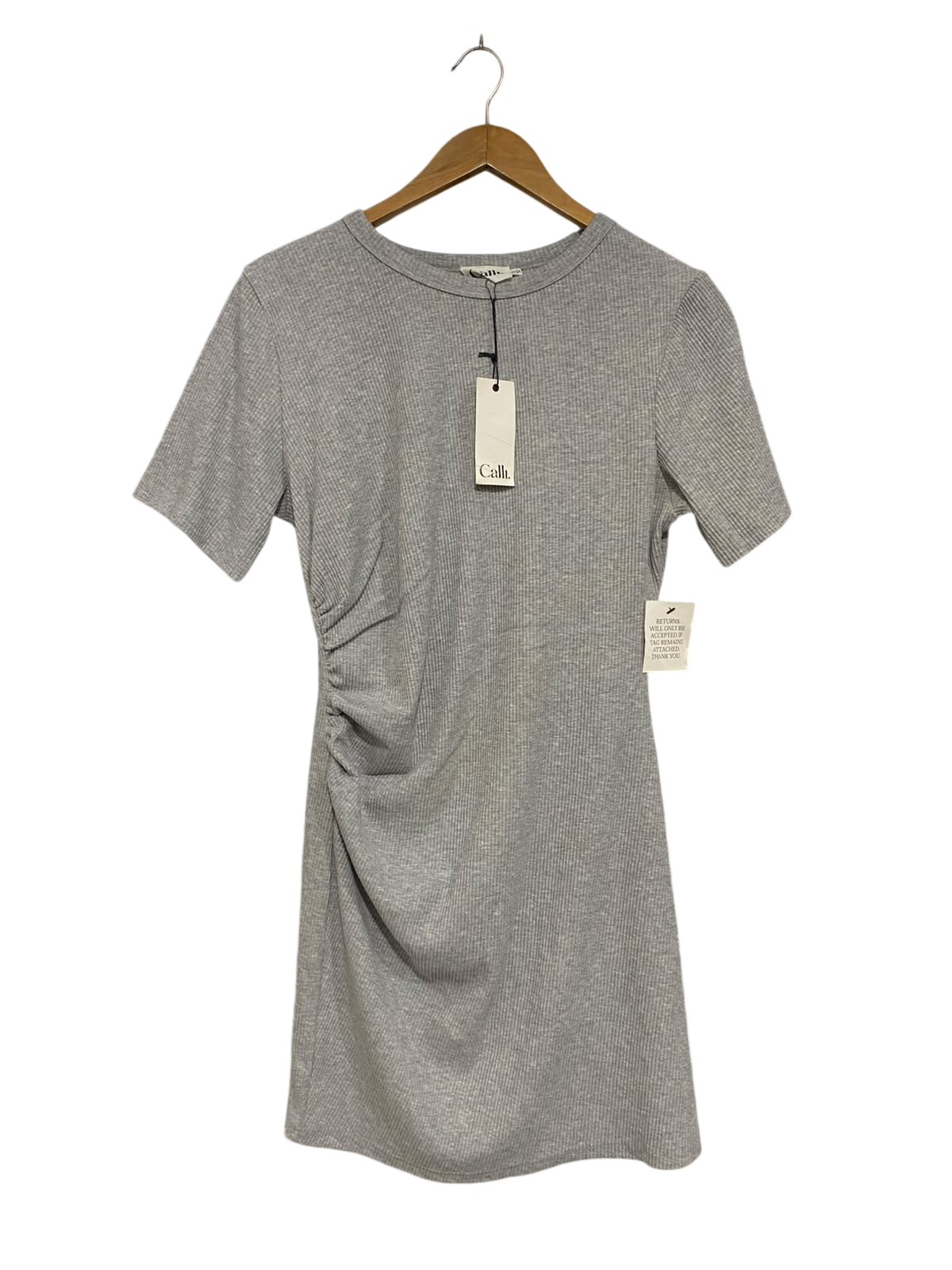 CALLI  |L | BUST 19 |A72|  GREY RIBBED SHORT-SLEEVE RUCHED MINI DRESS
