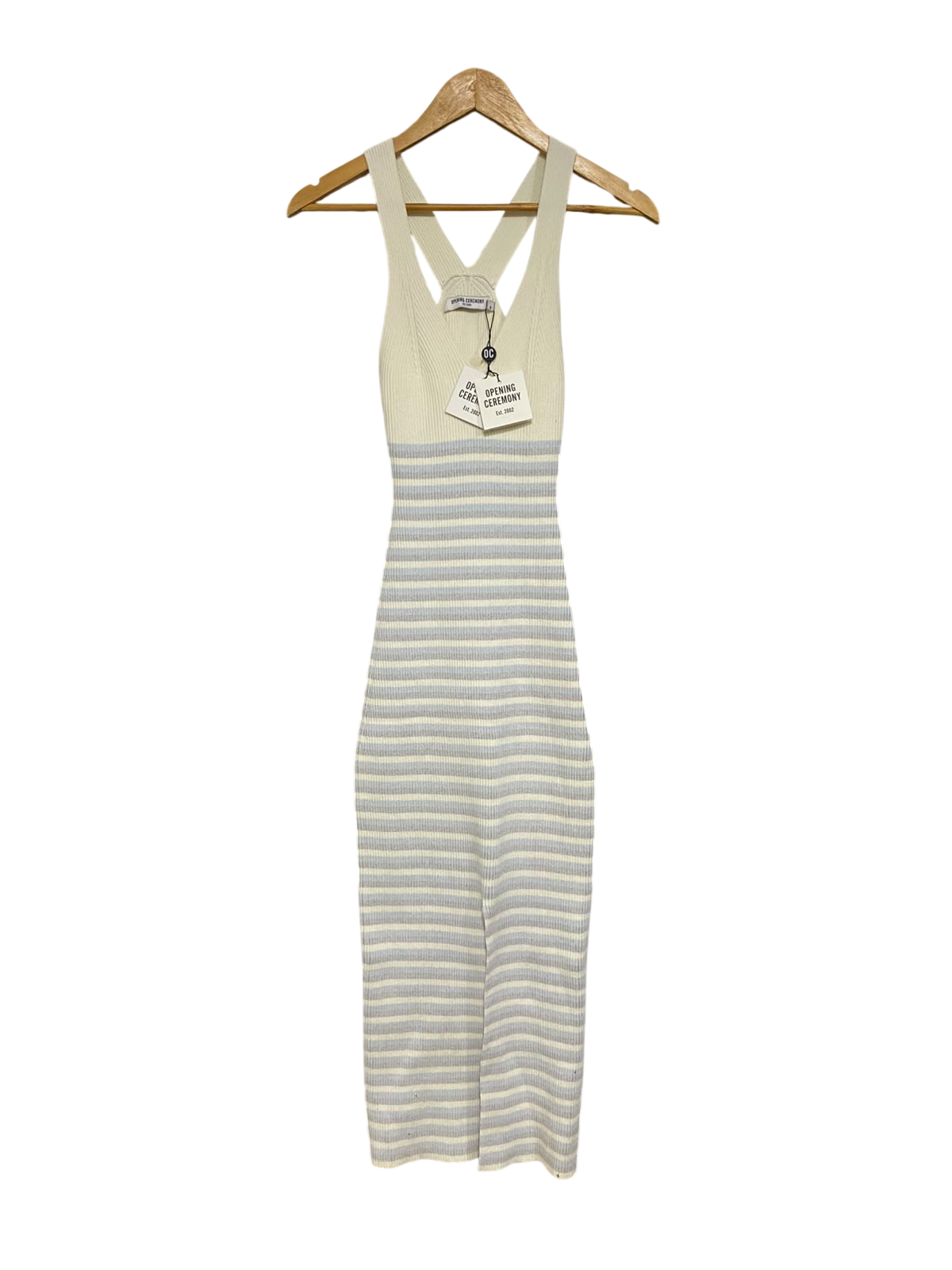 OPENING CEREMONY  |S | BUST 10 |A72|  OFF-WHITE & GREY STRIPED KNIT TANK MIDI DRESS