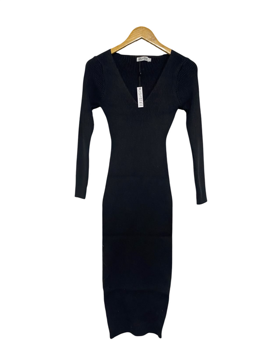 STYLESTATE  |XS/S | BUST 13 |A72|  BLACK RIBBED V-NECK LONG-SLEEVE MIDI DRESS