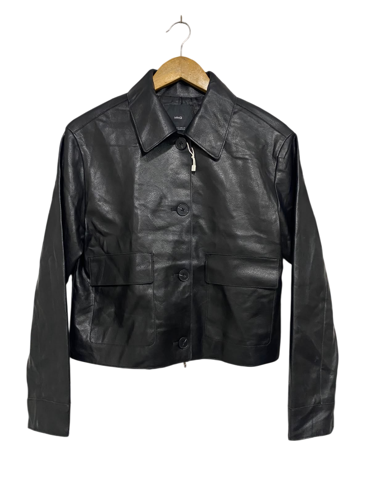 MNG |S | BUST 19 |A72|   BLACK FAUX LEATHER BUTTON-FRONT JACKET