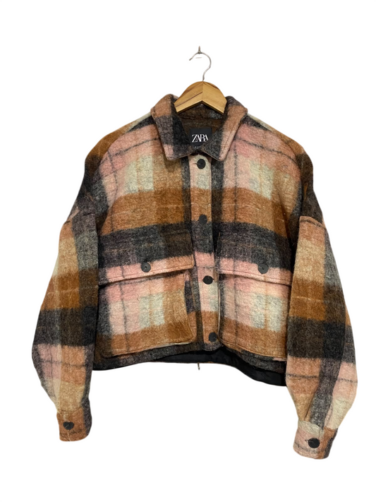 ZARA  |M | BUST 24 |A72|  BROWN PLAID CROPPED CHECKERED JACKET