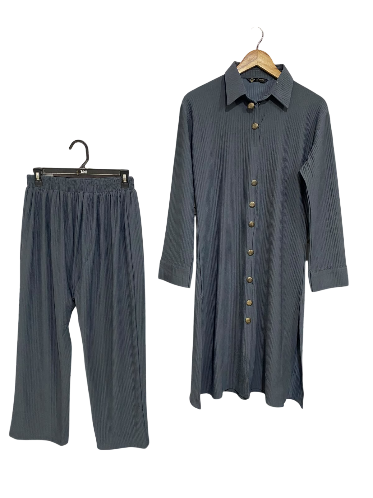 A.J. CREATION |L |A72|   GREY PLEATED 2-PIECE TUNIC & PANTS SET