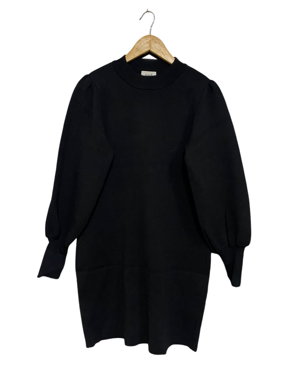 SEED  |S | BUST 19 |A72|  HERITAGE BLACK KNIT PUFF-SLEEVE MINI DRESS