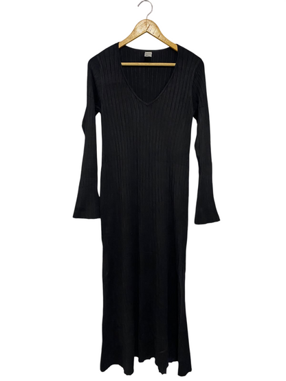 ANKO |S | BUST 15 |A72|   BLACK RIBBED V-NECK LONG-SLEEVE MAXI DRESS
