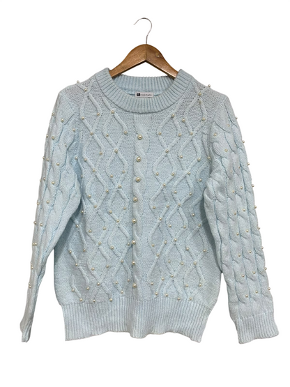 ROCKMANS |L | BUST 21 |A72|  LIGHT BLUE PEARL EMBELLISHED CABLE KNIT SWEATER