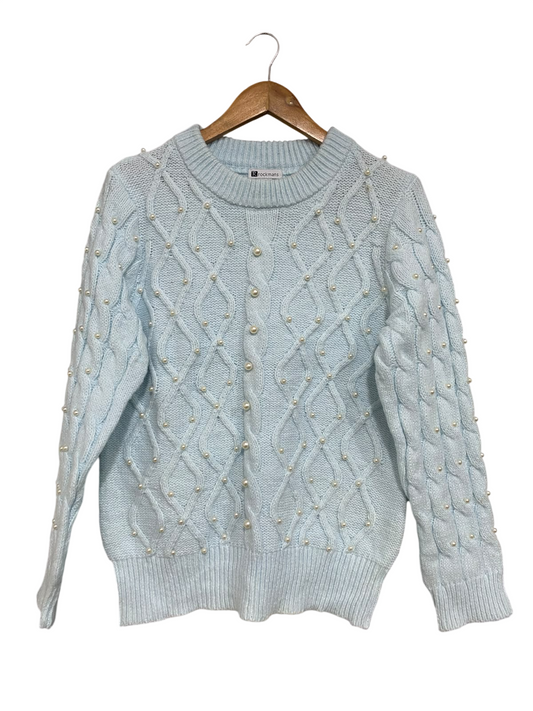 ROCKMANS |L | BUST 21 |A72|  LIGHT BLUE PEARL EMBELLISHED CABLE KNIT SWEATER