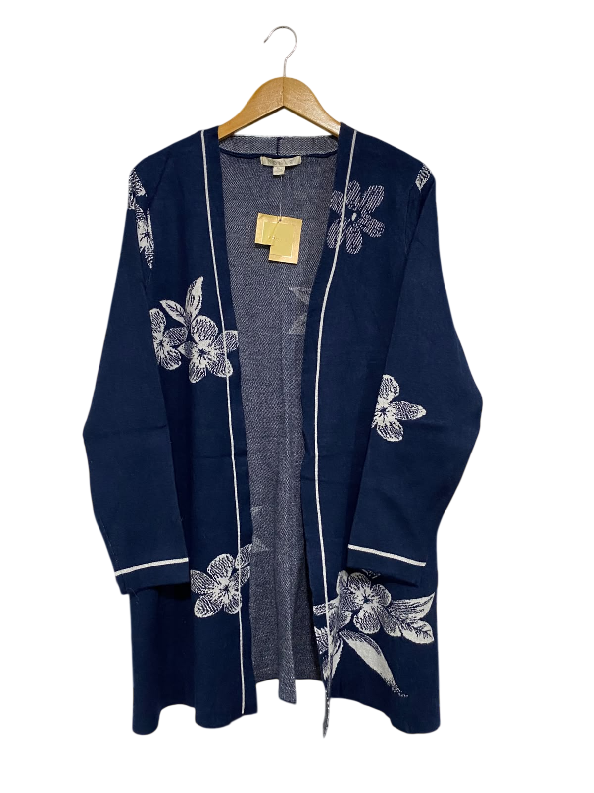 NON B |XL | BUST 21 |A72|   NAVY BLUE FLORAL KNIT OPEN-FRONT CARDIGAN
