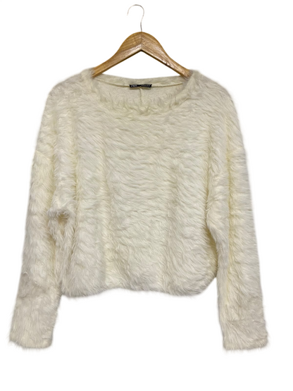 ZARA |M | BUST 22 |A72|   OFF-WHITE FUZZY KNIT LONG-SLEEVE SWEATER