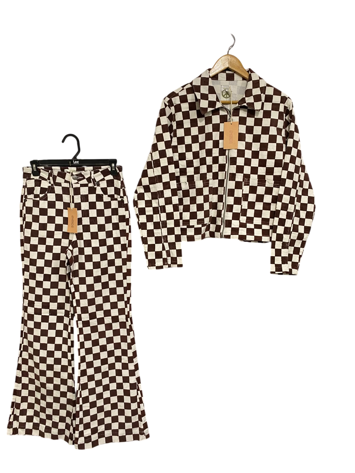 GHANDA | M | A72 |  BROWN AND WHITE CHECKERED MATCHING JACKET AND PANTS SET