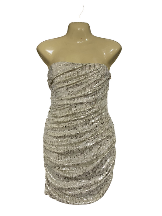 ZARA  |S | BUST 15 | A72 | SILVER SEQUIN STRAPLESS RUCHED MINI DRESS