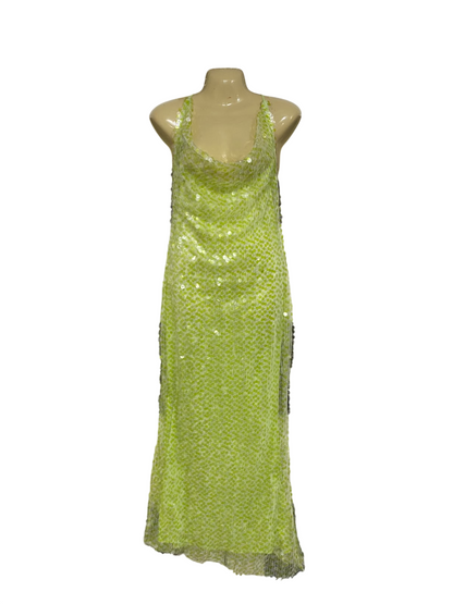 |S | BUST 15 | A72 | LIME GREEN SEQUIN COWL-NECK MAXI PARTY DRESS