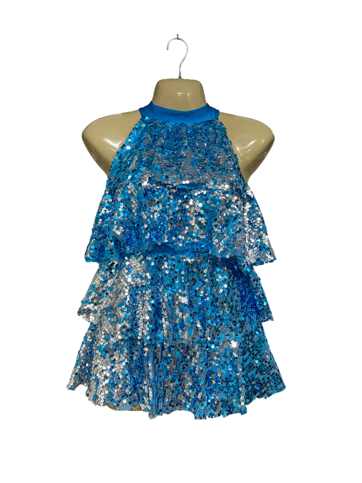 |S | BUST 15| A72 | BLUE AND SILVER SEQUIN LAYERED HALTER PARTY DRESS