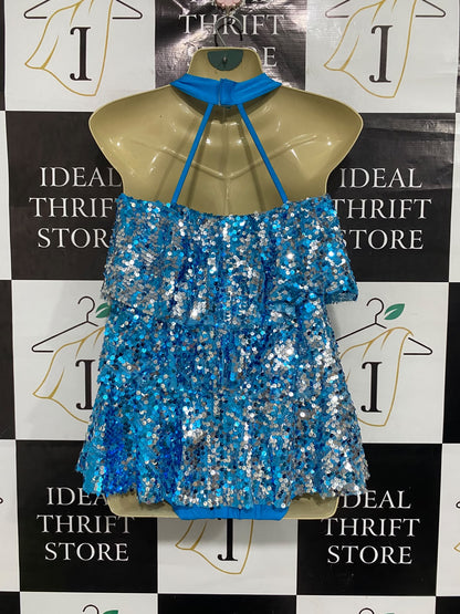 |S | BUST 15| A72 | BLUE AND SILVER SEQUIN LAYERED HALTER PARTY DRESS
