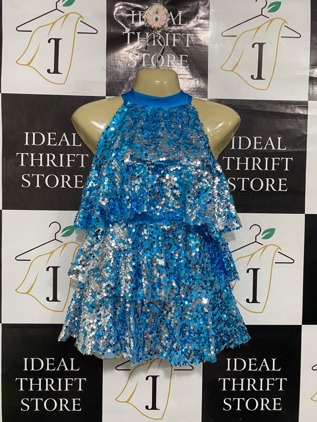 |S | BUST 15| A72 | BLUE AND SILVER SEQUIN LAYERED HALTER PARTY DRESS