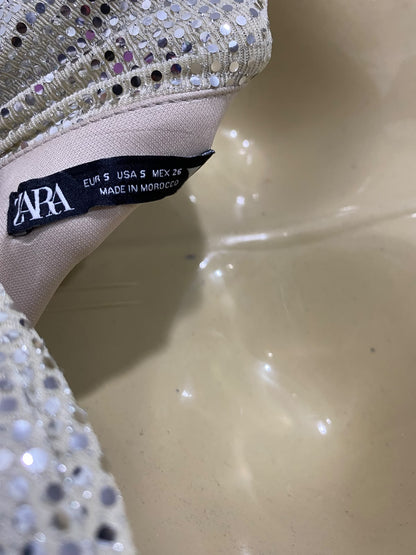 ZARA  |S | BUST 15 | A72 | SILVER SEQUIN STRAPLESS RUCHED MINI DRESS