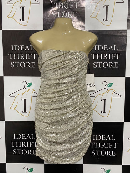 ZARA  |S | BUST 15 | A72 | SILVER SEQUIN STRAPLESS RUCHED MINI DRESS