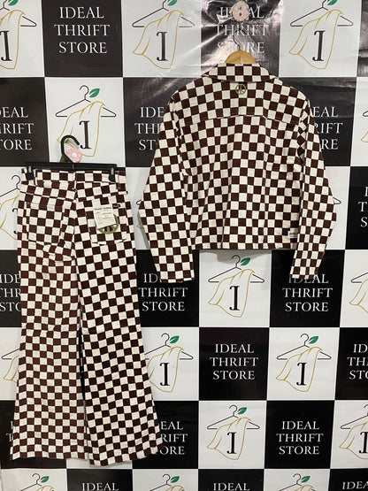 GHANDA | M | A72 |  BROWN AND WHITE CHECKERED MATCHING JACKET AND PANTS SET