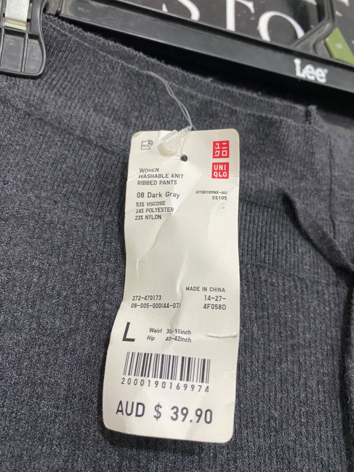UNIQLO  |L | WAIST 26 | A72 | CHARCOAL GREY WASHABLE KNIT RIBBED PANTS