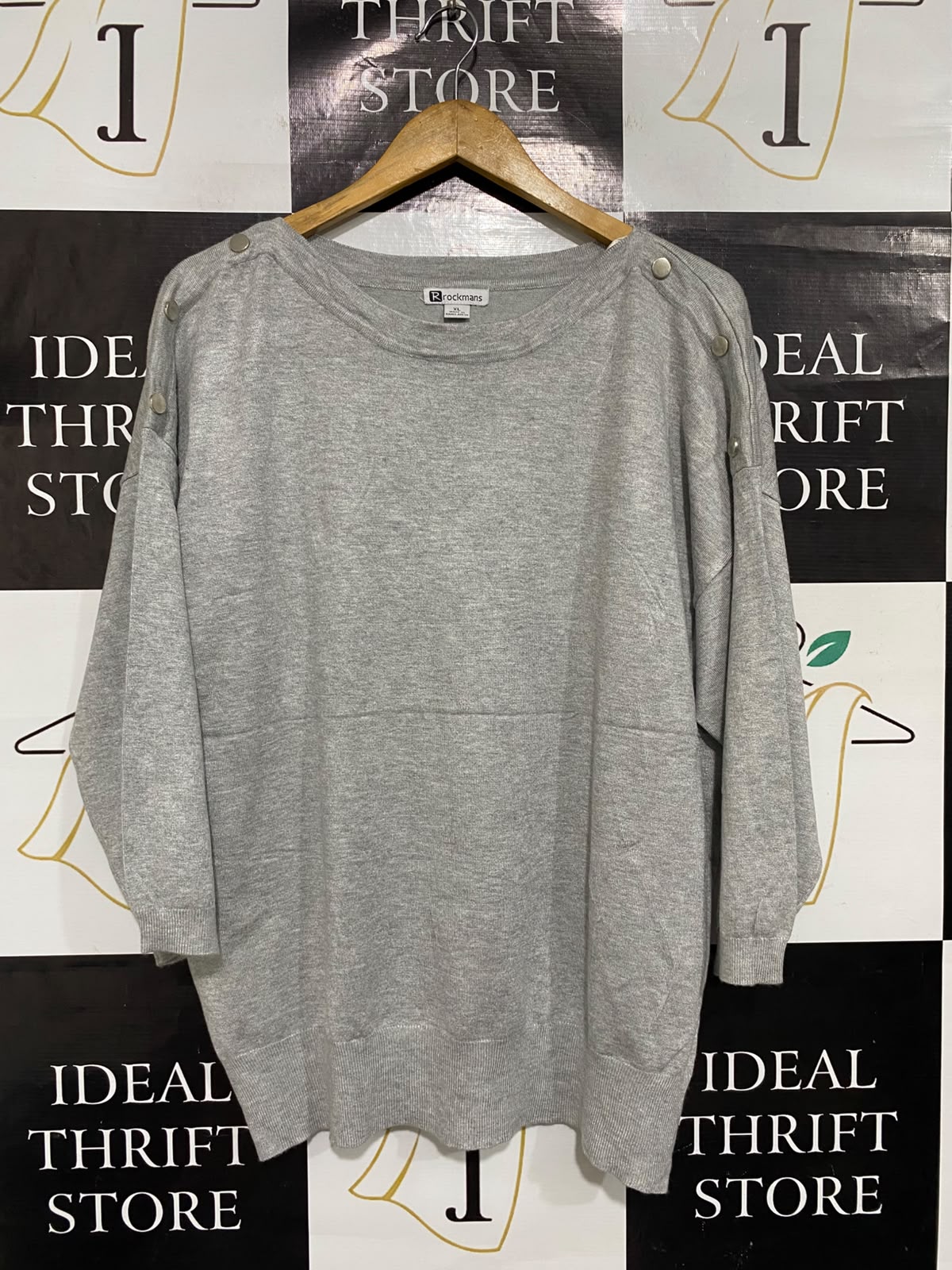 ROCKMANS |XL | BUST 24 |A72|   GREY KNIT SHOULDER-BUTTON SWEATER