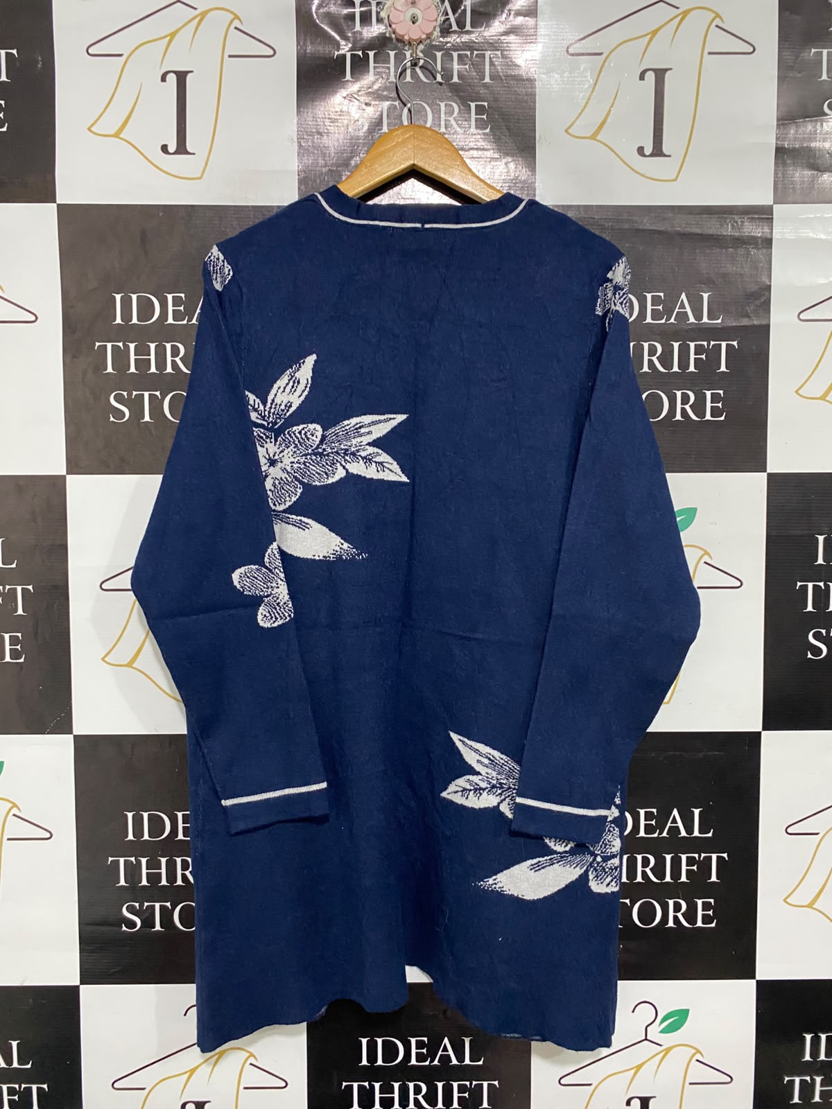 NON B |XL | BUST 21 |A72|   NAVY BLUE FLORAL KNIT OPEN-FRONT CARDIGAN