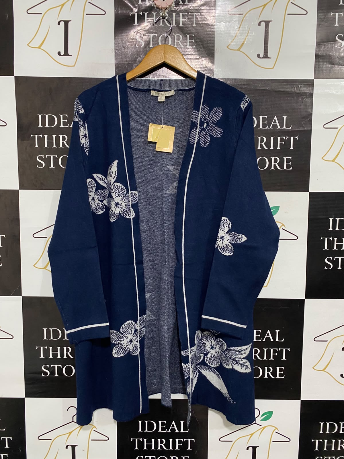 NON B |XL | BUST 21 |A72|   NAVY BLUE FLORAL KNIT OPEN-FRONT CARDIGAN