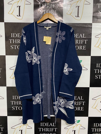 NON B |XL | BUST 21 |A72|   NAVY BLUE FLORAL KNIT OPEN-FRONT CARDIGAN