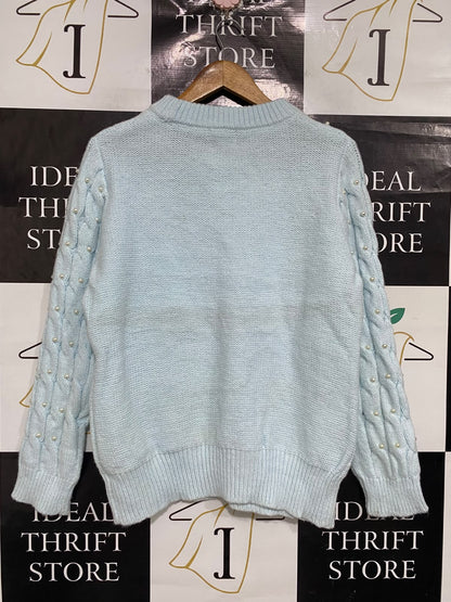 ROCKMANS |L | BUST 21 |A72|  LIGHT BLUE PEARL EMBELLISHED CABLE KNIT SWEATER