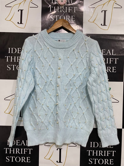 ROCKMANS |L | BUST 21 |A72|  LIGHT BLUE PEARL EMBELLISHED CABLE KNIT SWEATER