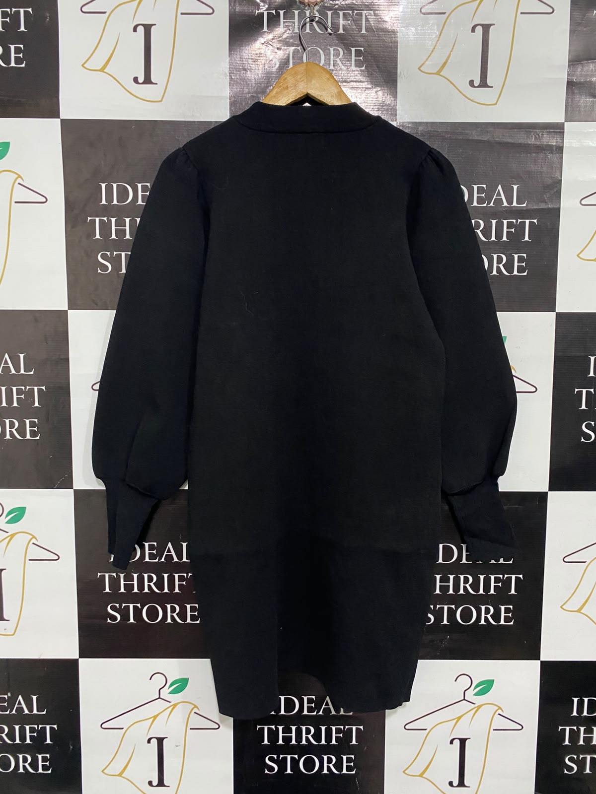 SEED  |S | BUST 19 |A72|  HERITAGE BLACK KNIT PUFF-SLEEVE MINI DRESS