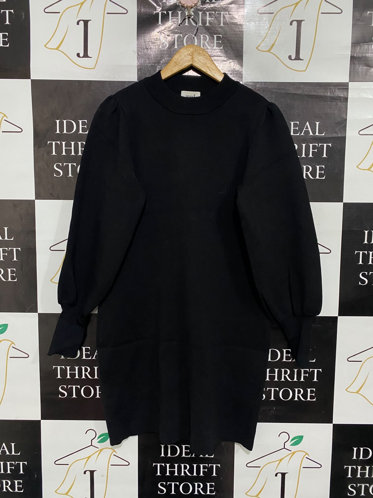 SEED  |S | BUST 19 |A72|  HERITAGE BLACK KNIT PUFF-SLEEVE MINI DRESS