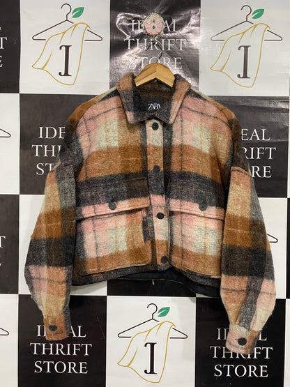 ZARA  |M | BUST 24 |A72|  BROWN PLAID CROPPED CHECKERED JACKET