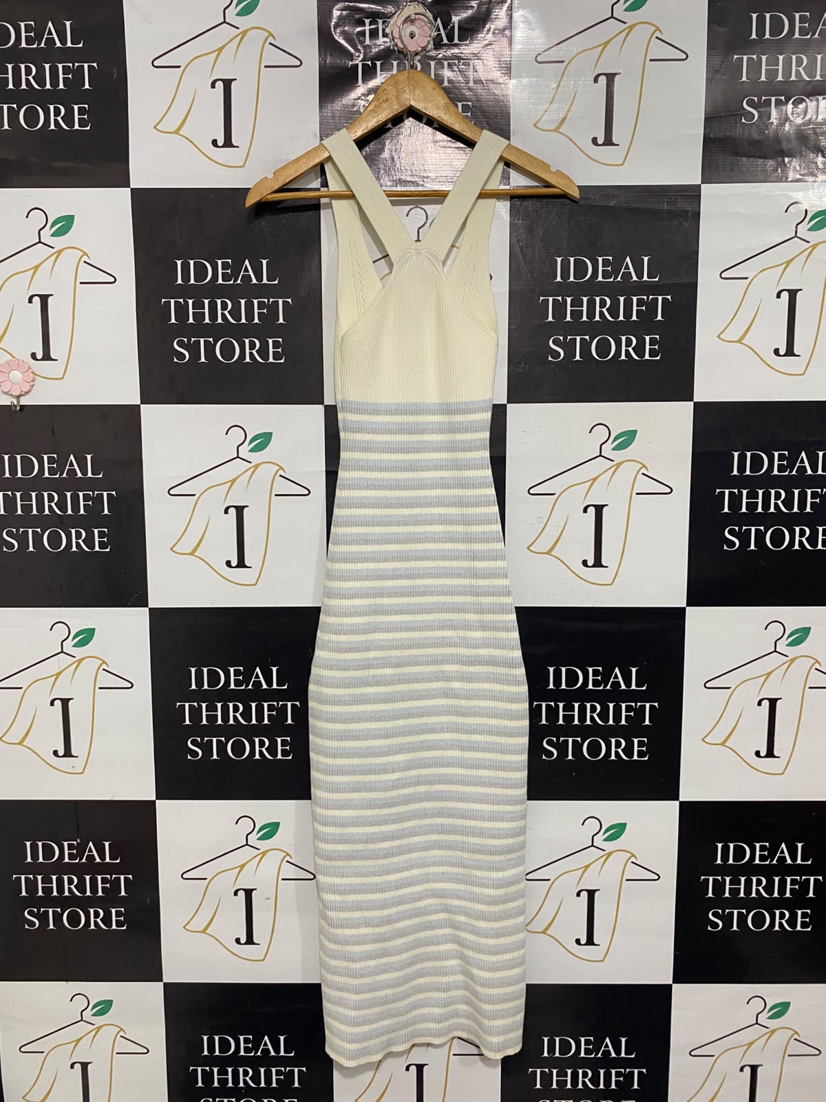 OPENING CEREMONY  |S | BUST 10 |A72|  OFF-WHITE & GREY STRIPED KNIT TANK MIDI DRESS